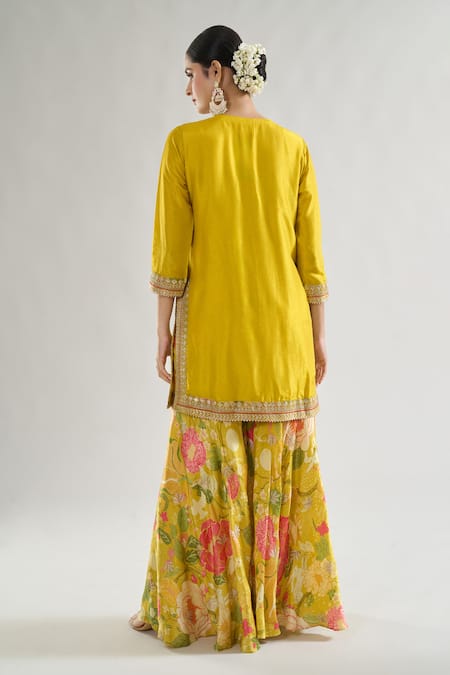 Shop_Gopi Vaid_Yellow Tussar, Satin, Net Sequins, Anjali Leaf Embroidered Kurta Sharara Set _at_Aza_Fashions
