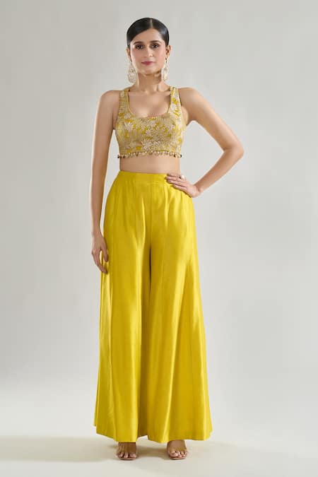 Gopi Vaid_Multi Color Chiffon, Tussar Sequins, Parul Floral Print Jacket Flared Pant Set _at_Aza_Fashions