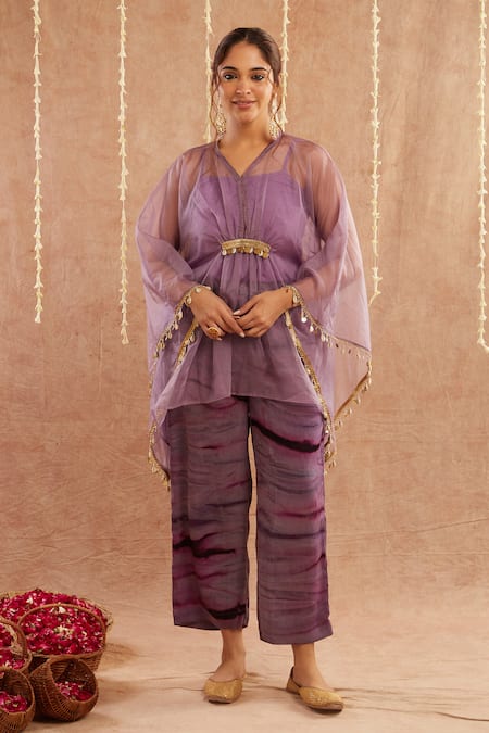 Label Muslin Purple Satin Silk Embellished Coin V Neck Detailed Sleeve Kaftan Set With Potli 