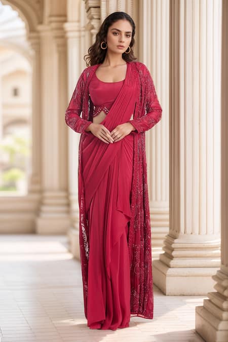 Ridhima Bhasin Red Organza Embroidered Pearls Blouse Ewaaz Pre-draped Saree Set With Jacket 