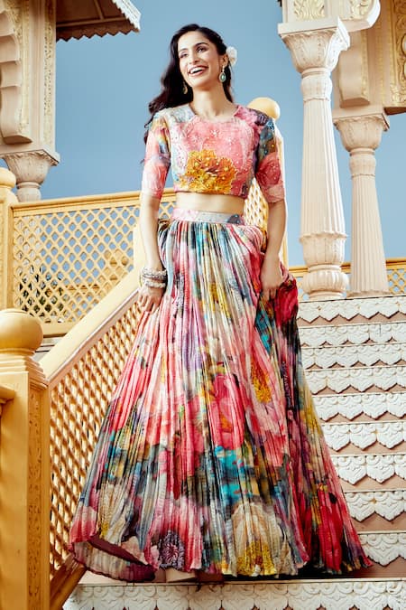Aariyana Couture Pleated Abstract Floral Print Lehenga Set 