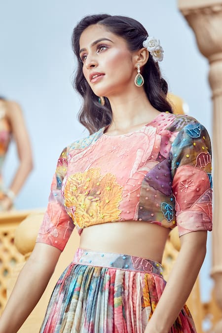 Buy_Aariyana Couture_Multi Color Net Embroidery, Sequins, Pleated Abstract Floral Print Lehenga Set _Online_at_Aza_Fashions
