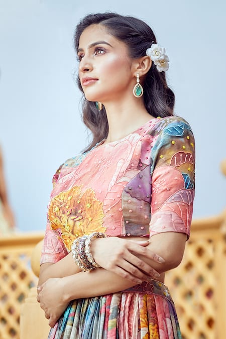 Shop_Aariyana Couture_Multi Color Net Embroidery, Sequins, Pleated Abstract Floral Print Lehenga Set _Online_at_Aza_Fashions