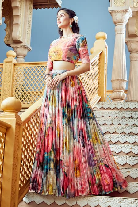 Aariyana Couture_Multi Color Net Embroidery, Sequins, Pleated Abstract Floral Print Lehenga Set _at_Aza_Fashions