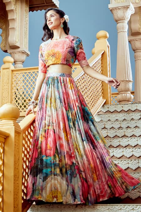 Buy_Aariyana Couture_Multi Color Net Embroidery, Sequins, Pleated Abstract Floral Print Lehenga Set 