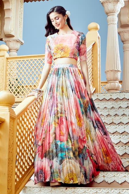 Shop_Aariyana Couture_Multi Color Net Embroidery, Sequins, Pleated Abstract Floral Print Lehenga Set 