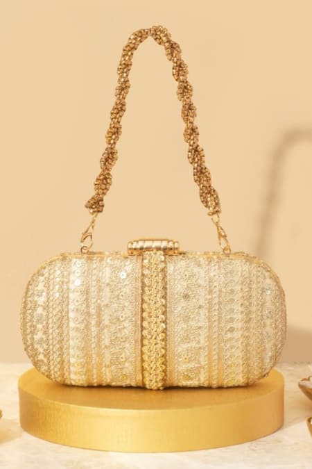 Amyra Gold Embroidery, Beads, Sequins Naaz Floral Capsule Clutch Online at Aza Fashions Amyra_Gold Embroidery, Beads, Sequins Naaz Floral Capsule Clutch _Online_at_Aza_Fashions