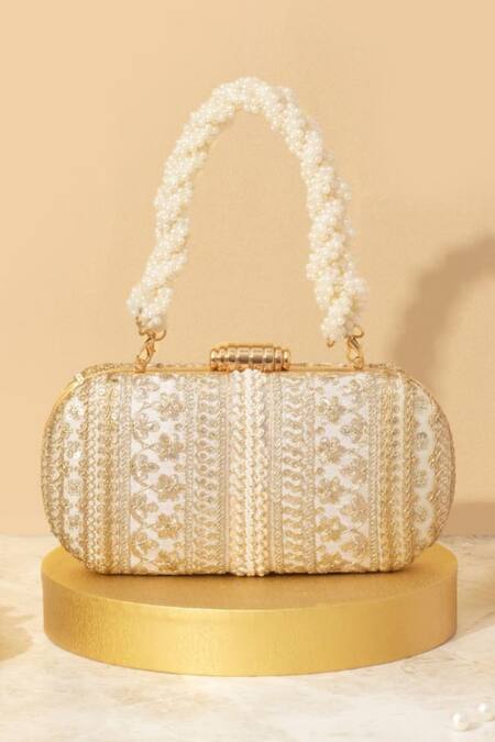 Amyra Off White Embroidery, Sequins, Beads Naaz Flower Capsule Clutch Online at Aza Fashions Amyra_Off White Embroidery, Sequins, Beads Naaz Flower Capsule Clutch_Online_at_Aza_Fashions