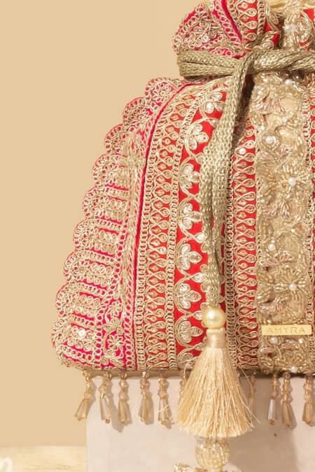 Amyra Red Embroidery, Beads Naaz Flower Vine Potli Bag Online at Aza Fashions Amyra_Red Embroidery, Beads Naaz Flower Vine Potli Bag_Online_at_Aza_Fashions