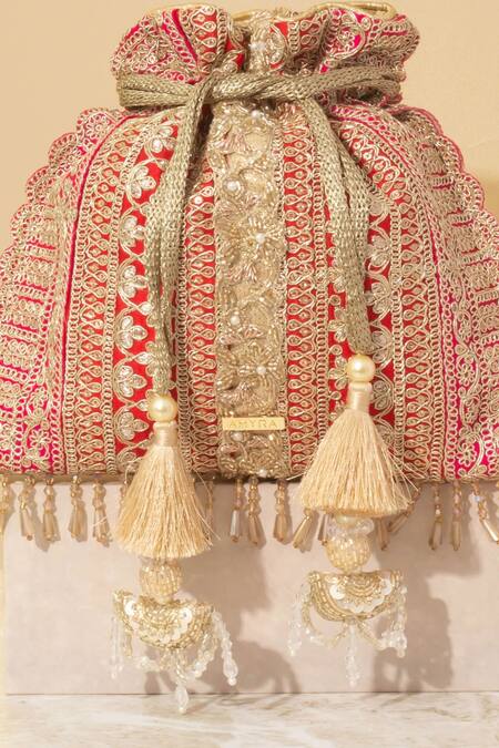 Shop Amyra Red Embroidery, Beads Naaz Flower Vine Potli Bag Online at Aza Fashions Shop_Amyra_Red Embroidery, Beads Naaz Flower Vine Potli Bag_Online_at_Aza_Fashions