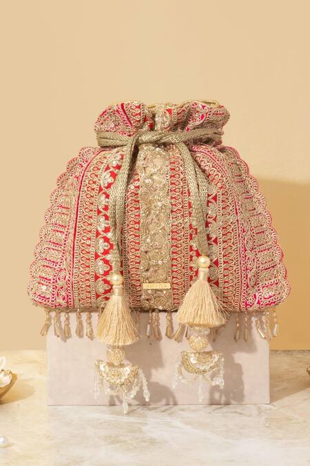 Shop Amyra Red Embroidery, Beads Naaz Flower Vine Potli Bag at Aza Fashions Shop_Amyra_Red Embroidery, Beads Naaz Flower Vine Potli Bag_at_Aza_Fashions