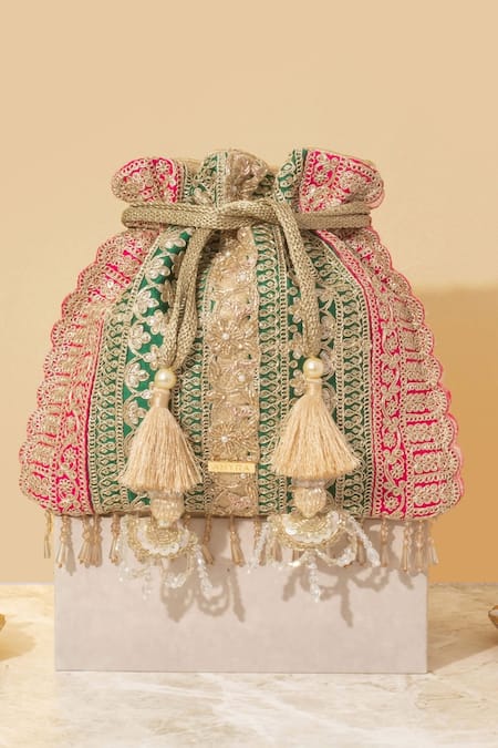 Shop Amyra Green Embroidery, Beads Naaz Floral Vine Potli Bag at Aza Fashions Shop_Amyra_Green Embroidery, Beads Naaz Floral Vine Potli Bag _at_Aza_Fashions