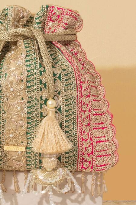 Amyra Green Embroidery, Beads Naaz Floral Vine Potli Bag Online at Aza Fashions Amyra_Green Embroidery, Beads Naaz Floral Vine Potli Bag _Online_at_Aza_Fashions