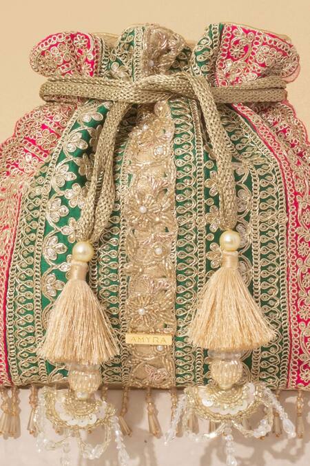 Shop Amyra Green Embroidery, Beads Naaz Floral Vine Potli Bag Online at Aza Fashions Shop_Amyra_Green Embroidery, Beads Naaz Floral Vine Potli Bag _Online_at_Aza_Fashions