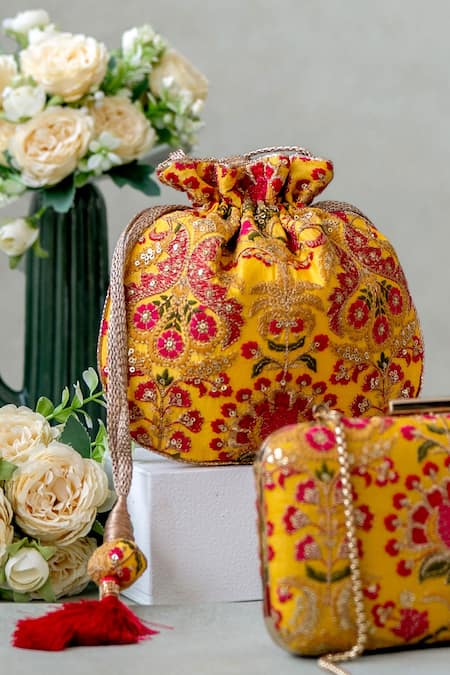 Shop Amyra Yellow Sequins, Embroidery Floral Potli at Aza Fashions Shop_Amyra_Yellow Sequins, Embroidery Floral Potli_at_Aza_Fashions