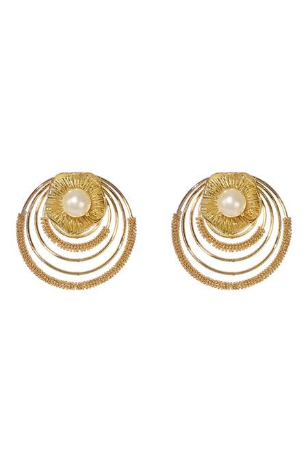 Itrana_Gold Plated Pearls Lotus Carved Studs _Online_at_Aza_Fashions