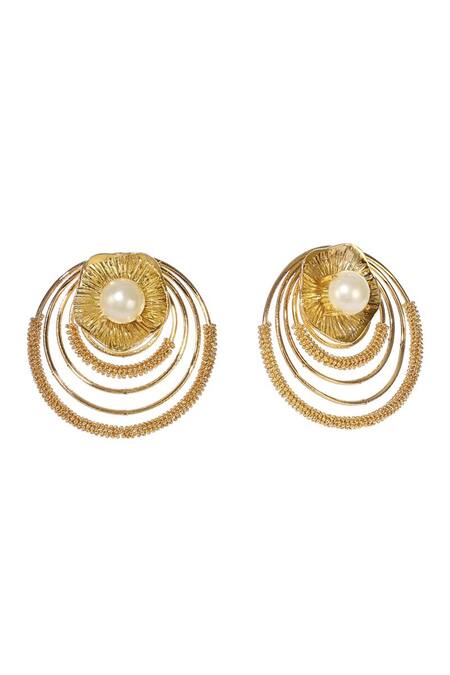 Buy_Itrana_Gold Plated Pearls Lotus Carved Studs _Online_at_Aza_Fashions