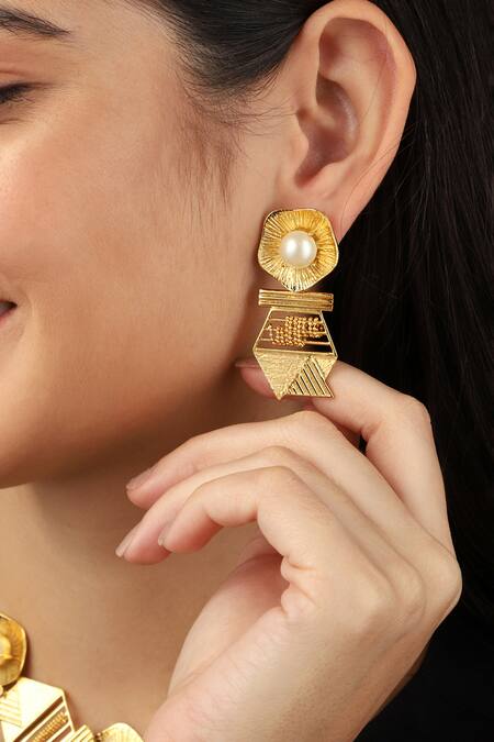 Itrana_Gold Plated Pearls Hexa Earrings _at_Aza_Fashions