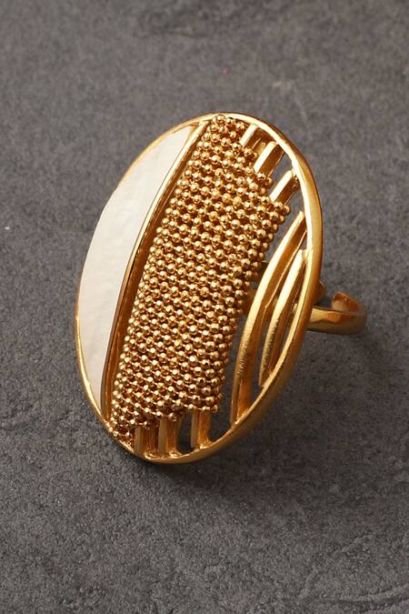 Shop_ITRANA_Gold Plated Pearl Textured Moon Ring _at_Aza_Fashions