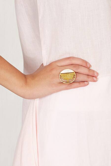 ITRANA_Gold Plated Pearl Textured Moon Ring _at_Aza_Fashions