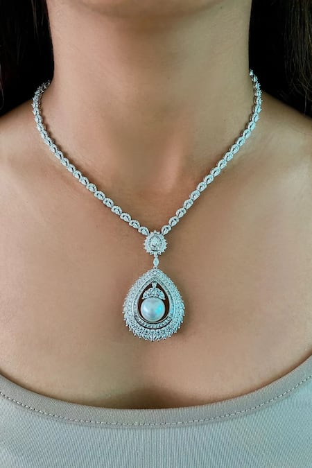 PRERTO Diamonte Pearl Embellished Drop Necklace Set 