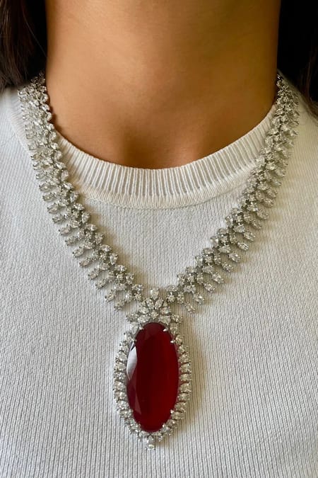 PRERTO Ruby Embellished Diamonte Necklace Set 