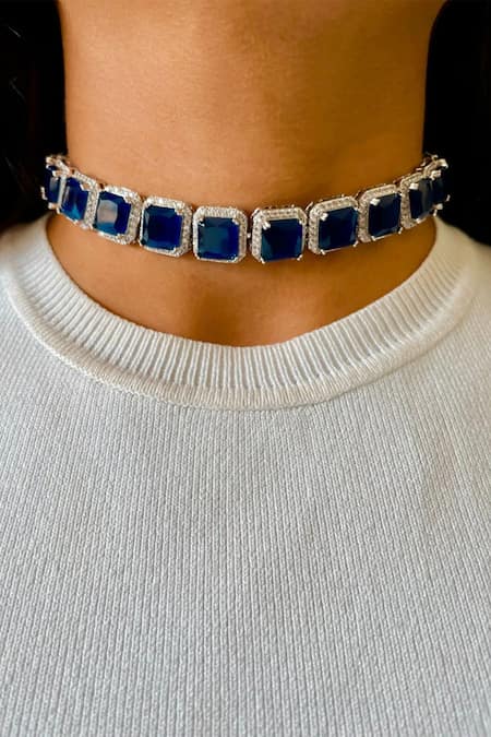 PRERTO Sapphire Embellished Tennis Choker Set 
