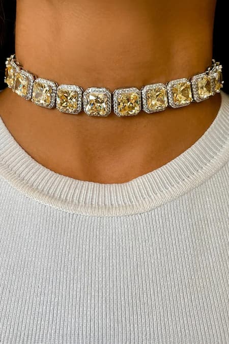 PRERTO Citrine Embellished Tennis Choker Set 