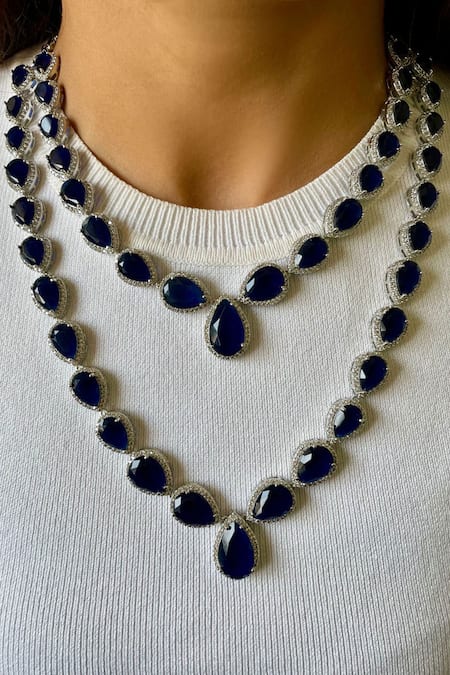 Prerto Layered Sapphire Tear Drop Necklace Set 