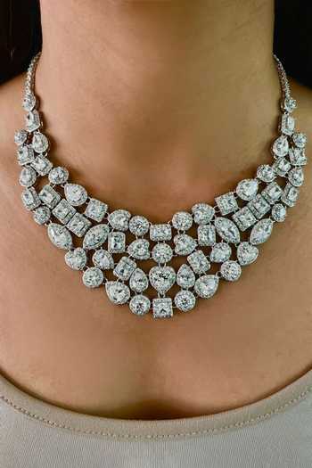 Buy PRERTO White Smocking Dimonte Cluster Embellished Necklace Set at Aza Fashions Buy_PRERTO_White Smocking Dimonte Cluster Embellished Necklace Set_at_Aza_Fashions