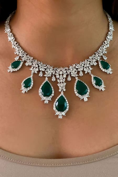Prerto Emerald Green Smocking, Diamonds Drop Dimonte Necklace Set 
