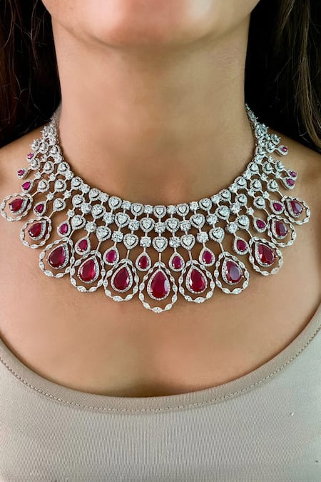 Prerto Red Diamonds, Smocking Layered Ruby Embellished Tear Drop Necklace  Set