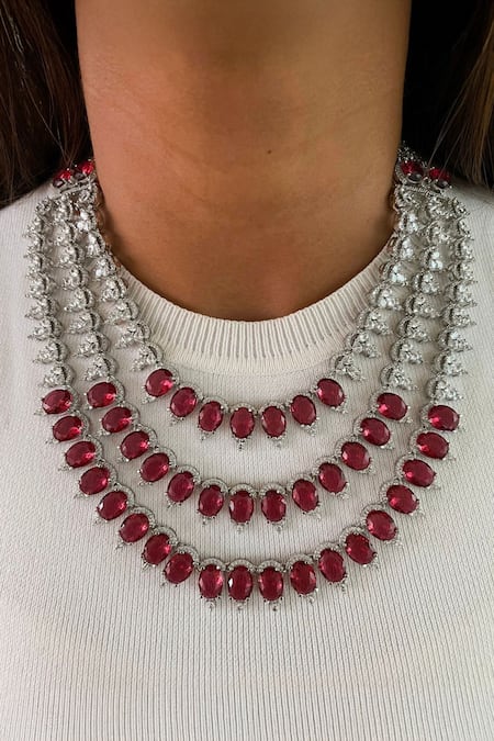 Prerto Red Diamonds, Smocking Layered Dimonte Embellished Drops Necklace Set 