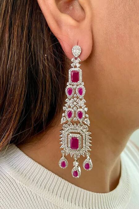 Shop PRERTO Red Diamonds, Smocking Five Layered Ruby Embellished Necklace Set at Aza Fashions Shop_PRERTO_Red Diamonds, Smocking Five Layered Ruby Embellished Necklace Set_at_Aza_Fashions