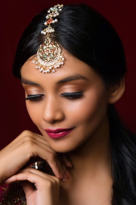 Shop Queens Jewels Multi Color Pearls, Crystals Regal Ruby Jadau Maangtikka at Aza Fashions Shop_Queens Jewels_Multi Color Pearls, Crystals Regal Ruby Jadau Maangtikka _at_Aza_Fashions