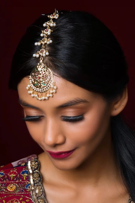 Shop_Queens Jewels_Multi Color Pearls, Stones Jadau Maangtikka _at_Aza_Fashions