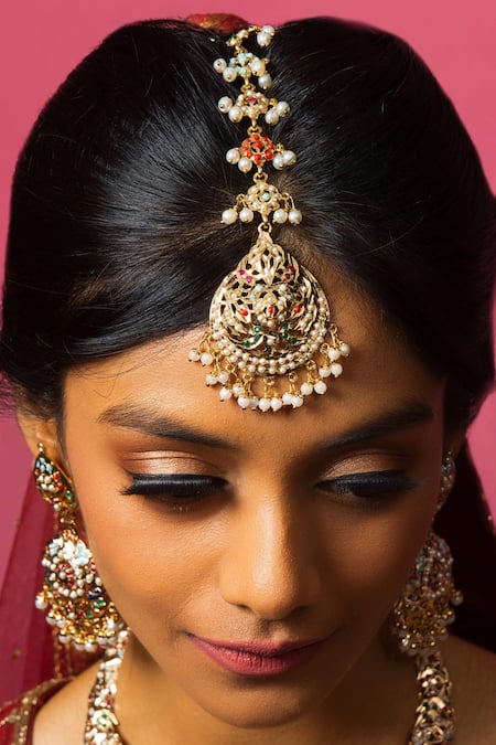 Shop_Queens Jewels_Multi Color Pearls, Crystals Navratan Jadau Maangtikka _at_Aza_Fashions