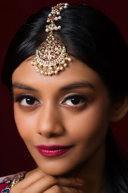 Shop_Queens Jewels_Red Pearls, Crystals Carved Stone Embellished Maangtikka _at_Aza_Fashions
