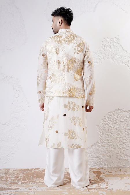 Shwetanga_Gold Crepe Foil Printed Bundi Kurta Set _Online_at_Aza_Fashions