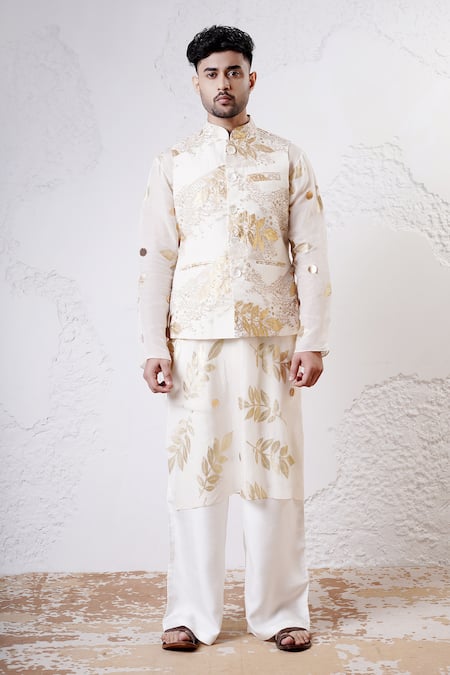 Buy_Shwetanga_Gold Crepe Foil Printed Bundi Kurta Set _Online_at_Aza_Fashions