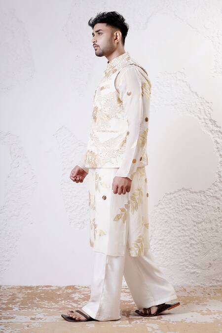 Shop_Shwetanga_Gold Crepe Foil Printed Bundi Kurta Set _Online_at_Aza_Fashions