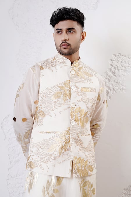 Shwetanga_Gold Crepe Foil Printed Bundi Kurta Set _at_Aza_Fashions