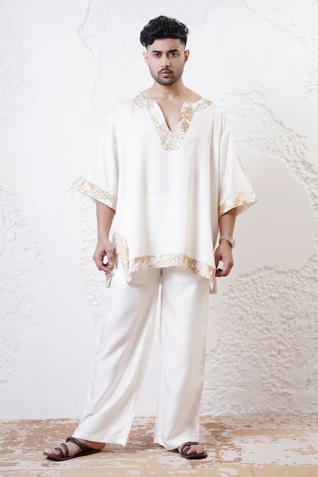 Shwetanga Ivory Crepe Foil Printed Bead Kaftan Kurta And Pant Set 