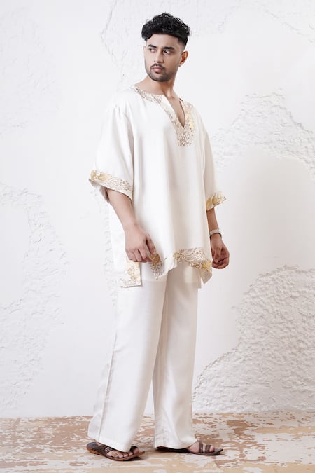 Buy_Shwetanga_Ivory Crepe, Viscose Beads Foil Print Kaftan Kurta And Pant Set _Online_at_Aza_Fashions