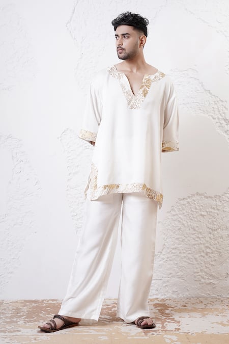 Shop_Shwetanga_Ivory Crepe, Viscose Beads Foil Print Kaftan Kurta And Pant Set _Online_at_Aza_Fashions