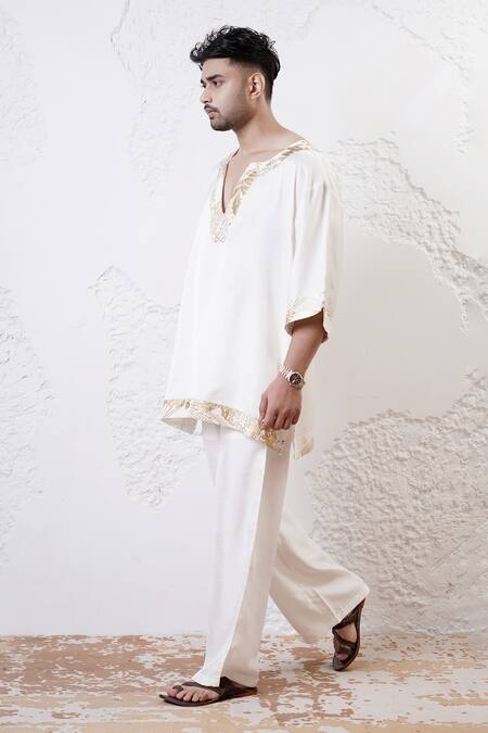 Shwetanga_Ivory Crepe, Viscose Beads Foil Print Kaftan Kurta And Pant Set _at_Aza_Fashions