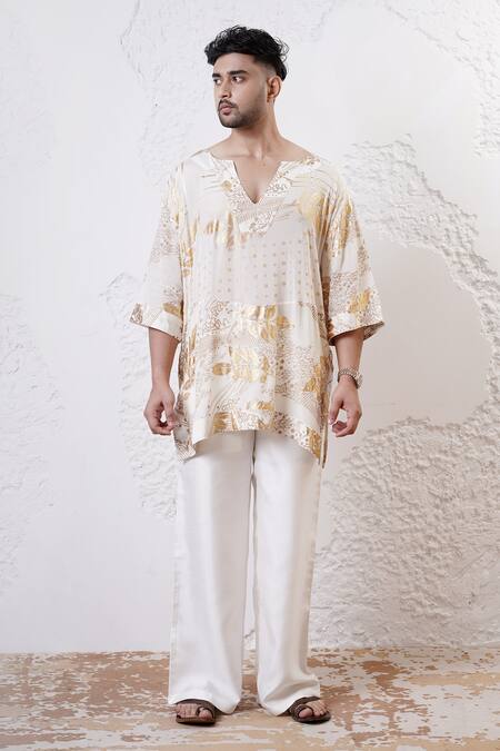 Buy_Shwetanga_Ivory Crepe, Viscose, Linen Foil Print Kaftan Kurta And Pant Set _Online_at_Aza_Fashions