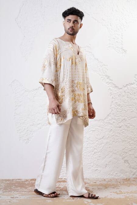 Shwetanga_Ivory Crepe, Viscose, Linen Foil Print Kaftan Kurta And Pant Set _at_Aza_Fashions
