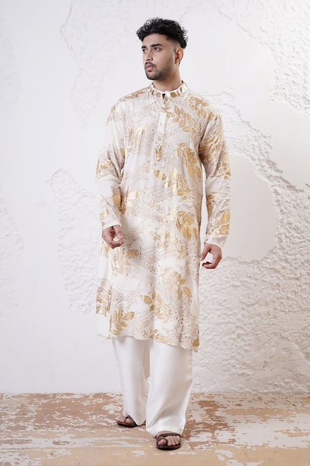 Shwetanga Ivory Organza Foil Printed Sequin Kurta And Pant Set 