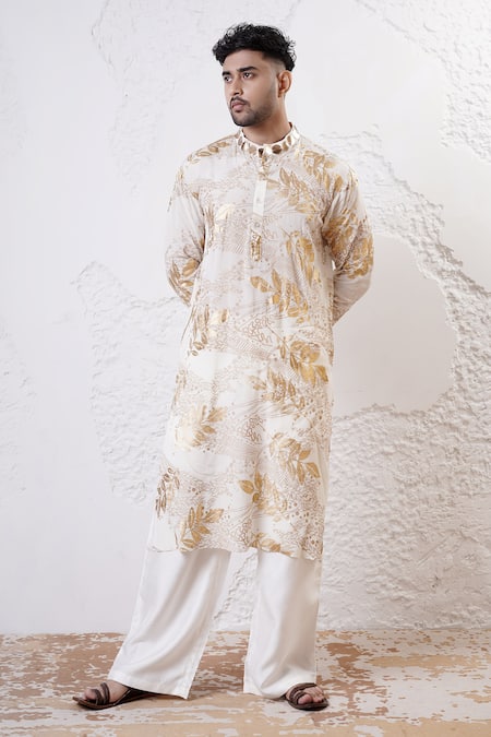 Buy_Shwetanga_Ivory Organza, Viscose Sequins Foil Print Kurta And Pant Set _Online_at_Aza_Fashions